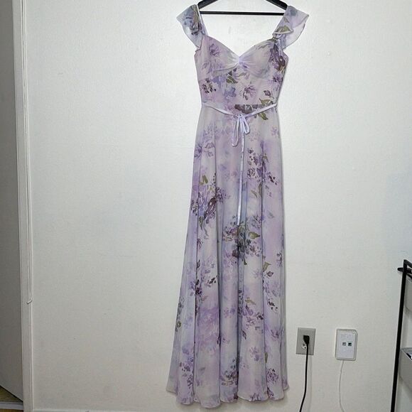 Marchesa Lilac Floral Chiffon Gown with Ruffle Cami Straps and Waist Tie Sz 0 - Picture 4 of 14
